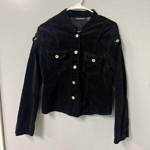Periscope Womens Black Corduroy Military Jacket Mandarin Collar Button Up Large